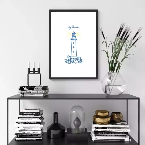 Blue Lighthouse – Line Art Dekoratif Duvar Tablosu